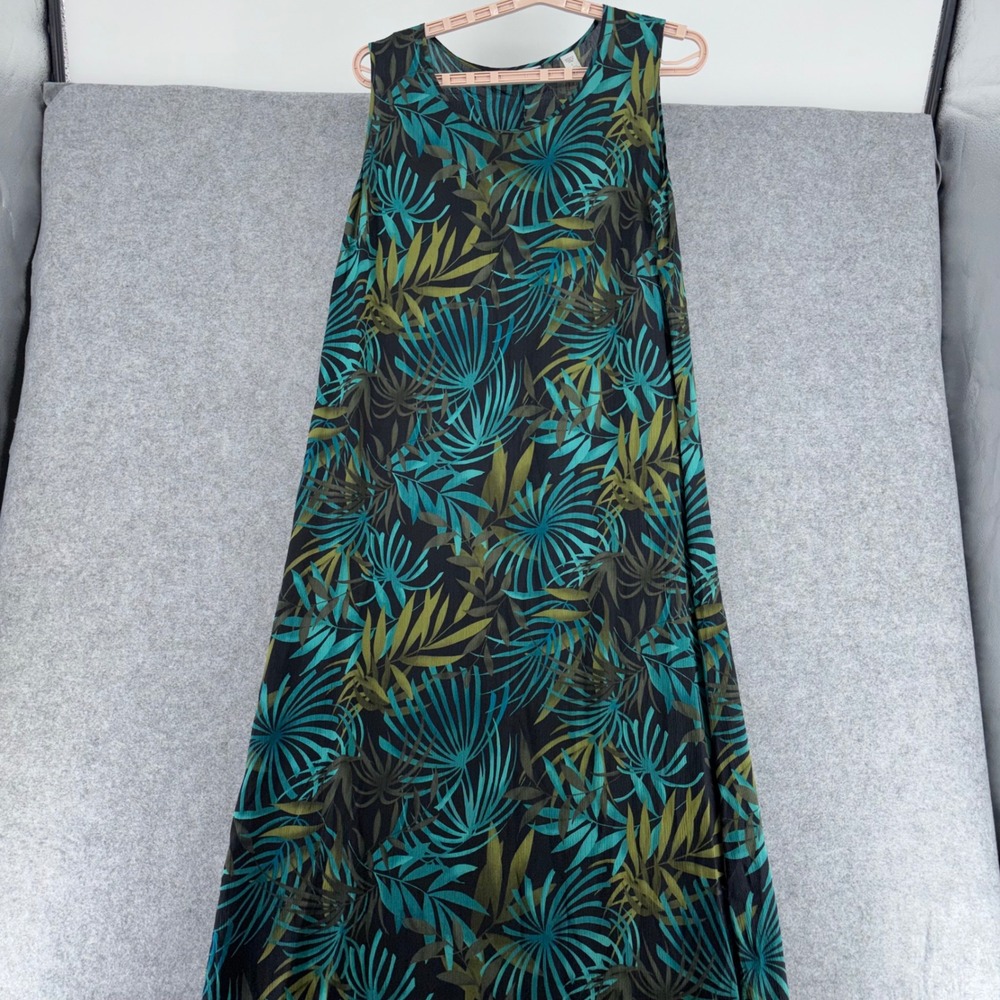 Amanda Smith Pure Silk Tropical Palm Leaf Maxi Dress Teal Green Black Womens L